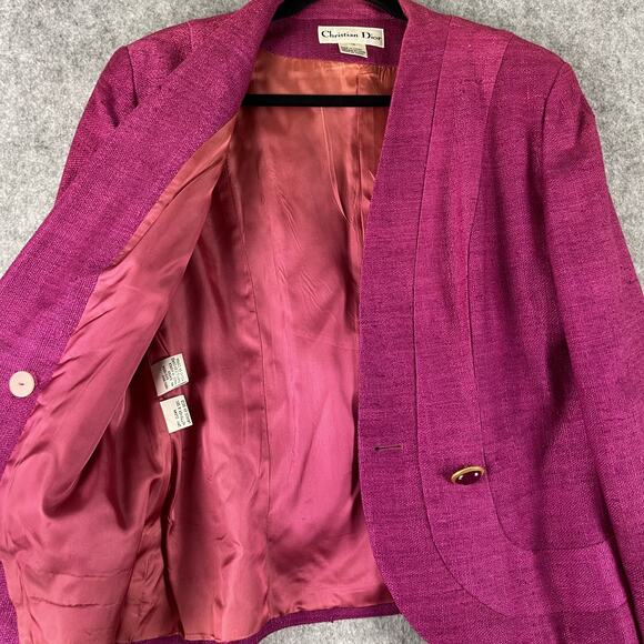 Vintage Christian Dior Silk Tweed Blazer Jacket Womens 14 Pink Gold Rhinestone - Picture 4 of 15